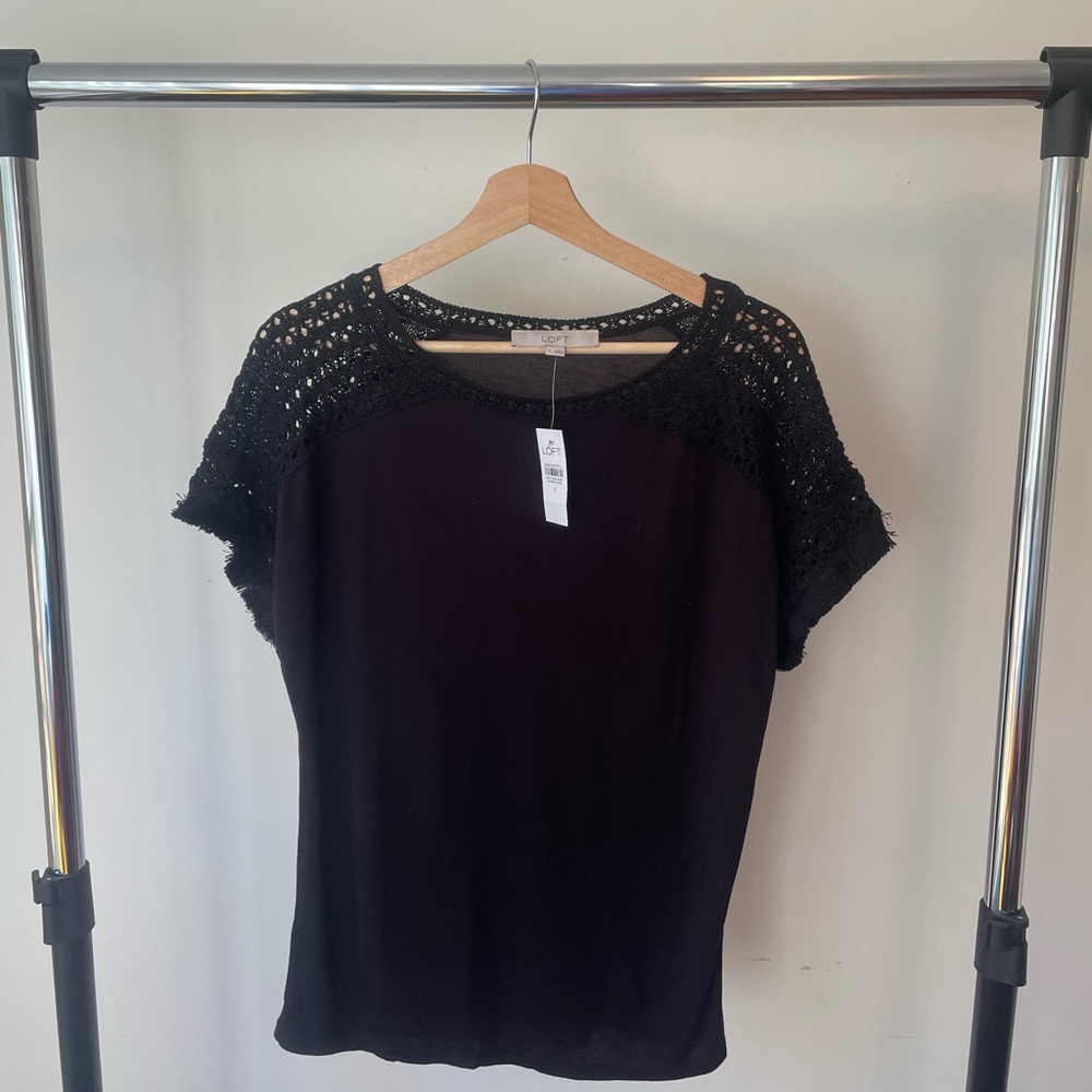 LOFT Black Short Sleeve Fringe Top - NWT - Small